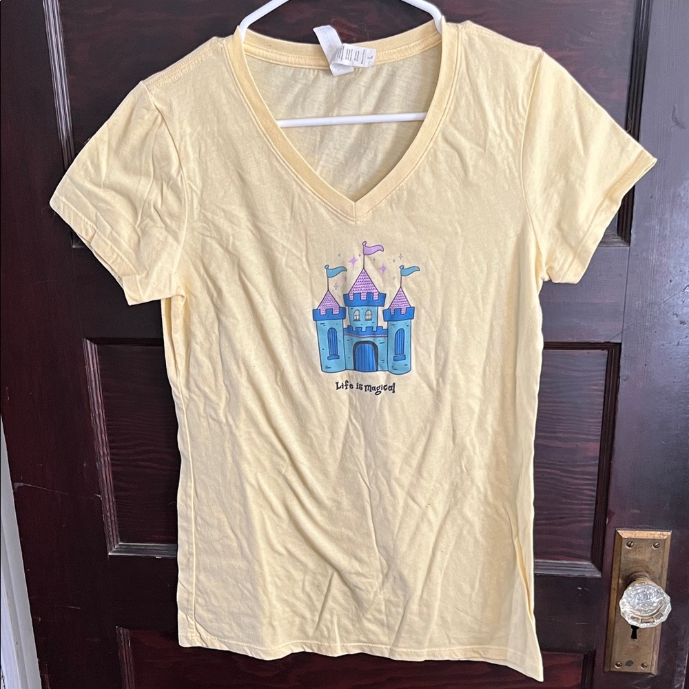 Yellow V-Neck Tee with Castle Graphic Pixie Lee and Co